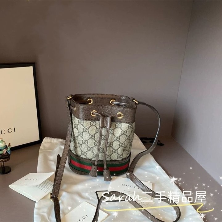 二手精品 GUCCI 古馳 mini水桶包 Ophidia GG 老花帆布 迷你肩背包 550620