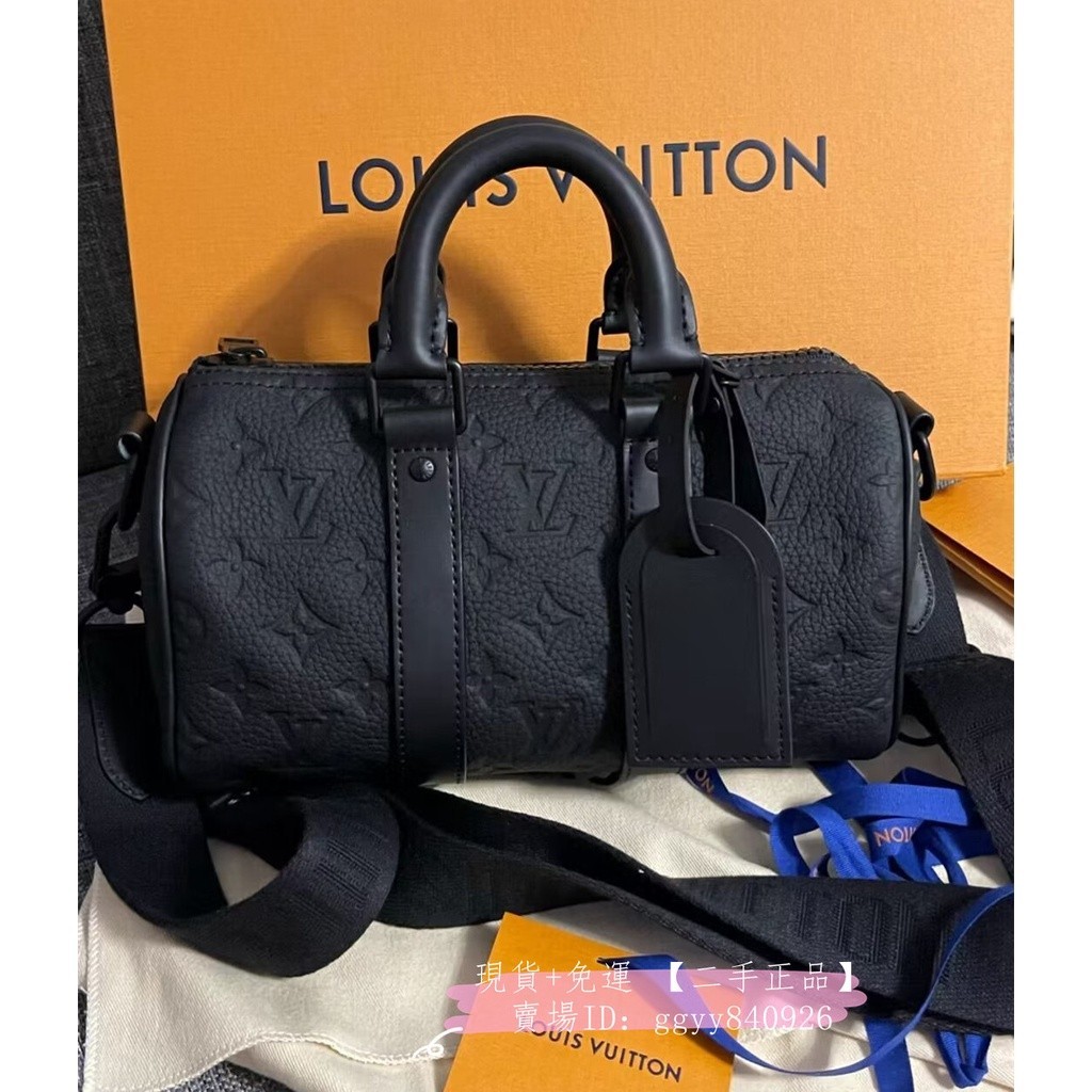 LV 路易威登 KEEPALL 25 黑色壓紋牛皮 波士頓包 枕頭包 肩背包 斜挎包 M20900