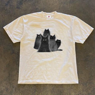 重磅不透 美式街頭復古style黑貓集合情侶裝短袖T恤