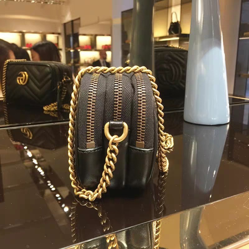 二手 GUCCI GG Marmont chaîne 546581 斜背包 三層 肩背包 黑色牛皮