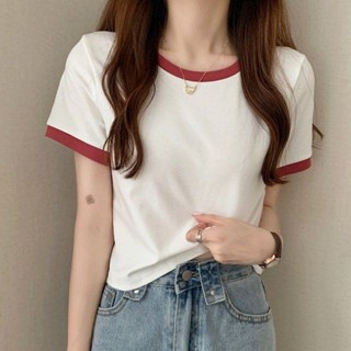 Ruby大尺碼女裝邊條拼色小清新t恤女生夏季甜美顯瘦衣服撞色低圓領學生打底衫女