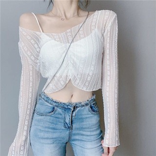 甜心公主Meet 👗女裝館 蕾絲t恤防曬罩衫女短款2021年夏季新款套頭百搭露臍薄款長袖上衣