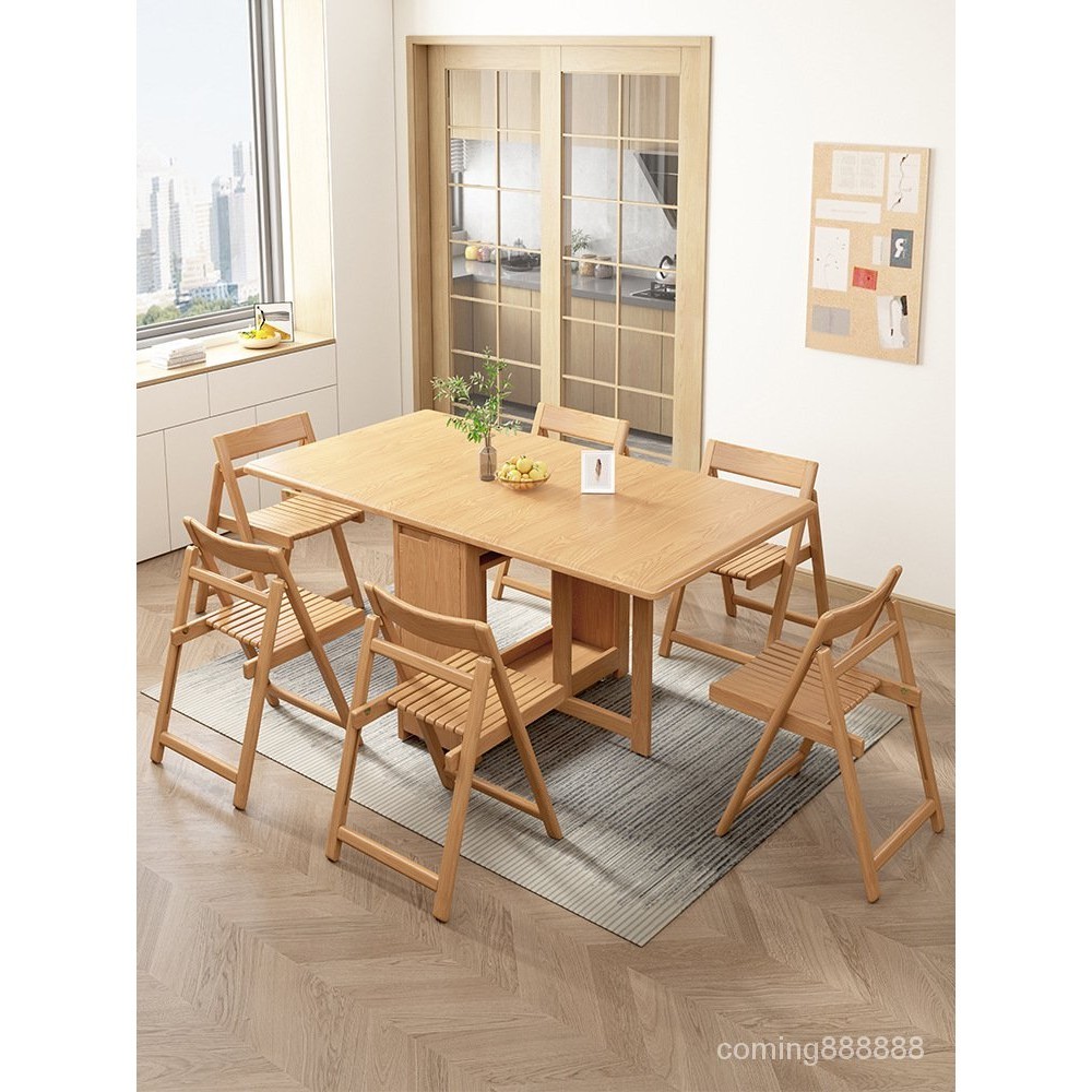 實木折疊餐桌 可折疊餐桌椅組閤 小戶型傢用桌子 伸縮飯桌一體餐桌 邊櫃桌子