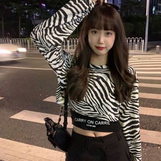 TK推薦✈秋夏2025新款寬松韓版斑馬條紋短款長袖t恤上衣設計感衛衣女潮長袖上衣 女裝 寬鬆上衣 顯瘦上衣 長袖t恤