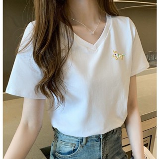 純棉ins潮短袖T恤女夏新款韓版寬松打底V領刺繡上衣 大尺碼女裝 大尺碼上衣 短袖t恤 短袖上衣 氣質上衣 夏季女裝