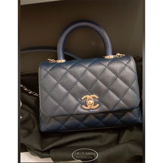 二手折扣 CHANEL 香奈兒 HANDLE 荔枝紋 牛皮 MINI 手提包 斜背包 深藍色 AS2215