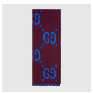 二手正品 GUCCI GG jacquard wool silk scarf 雙面羊毛 紫色 藍色 厚質 圍巾