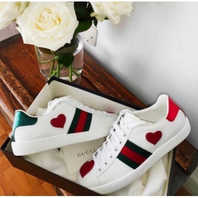 現貨 Gucci ACE系列 heart-detail 愛心 綠紅織帶 小白鞋 女鞋