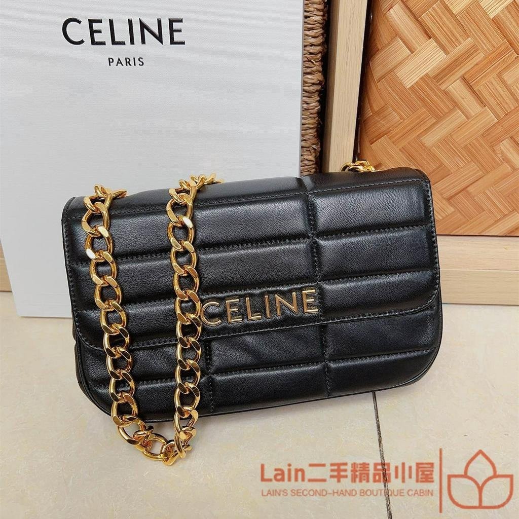 二手精品 CELINE MATELASSÉ MONOCHROME 金色logo 羊皮 單肩包 郵差包 斜背包111273