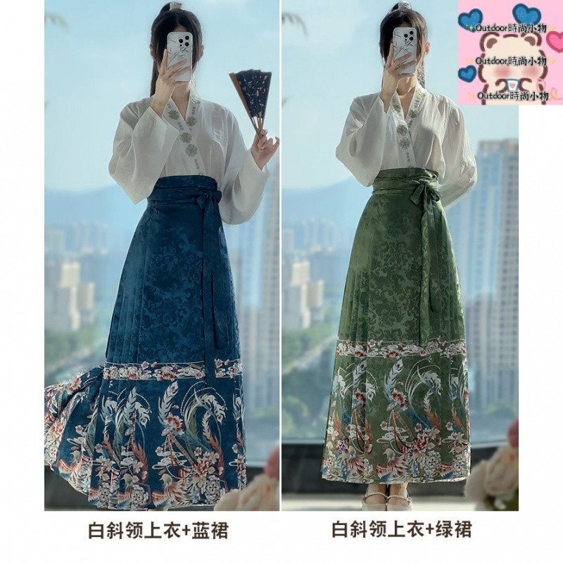 ✨Outdoor✨多色⭐ 漢服女【鳳翎羽】明製立領中國風日常印花馬麵裙正版 古風古裝衣服 馬麵裙改良 馬麵裙正版