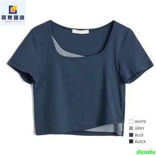 熱銷-交誼舞服 上衣練功服 國標舞上衣 拉丁舞服 練習上衣 前片 真兩件疊穿效果航線海軍藍,高腰直筒短袖上衣女方領T恤