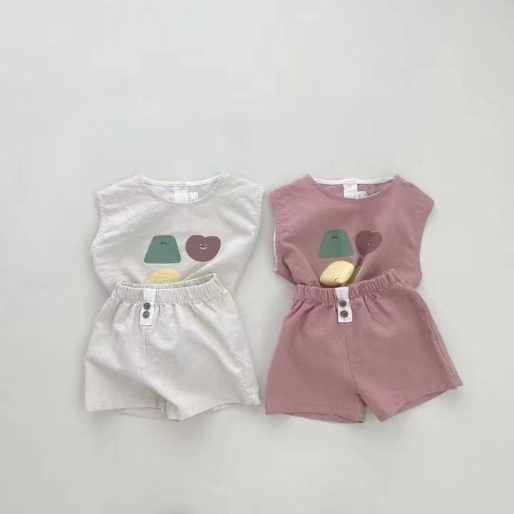 Mini baby🌷夏季兒童男女童寶寶可愛休閑棉T恤短褲兩件套寶寶無袖背心套裝