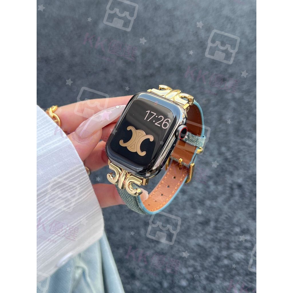 KK優選 凱旋門金屬拼牛仔錶帶適用於蘋果s7/8SE2手錶帶Appliwatch6543 XUNW