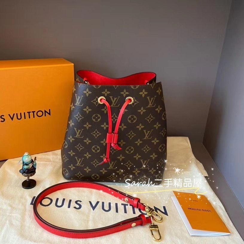 二手精品 LV 路易威登 肩背包 M44021 NÉONOÉ 經典老花水桶包 紅色內地