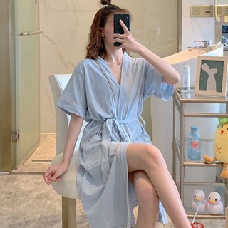 【M-5XL大尺碼】大尺碼睡衣 冰絲睡袍 睡裙 寬鬆睡衣睡袍女夏薄款浴衣吸水速幹情侶浴袍男寬鬆大碼中長款胖MM睡衣
