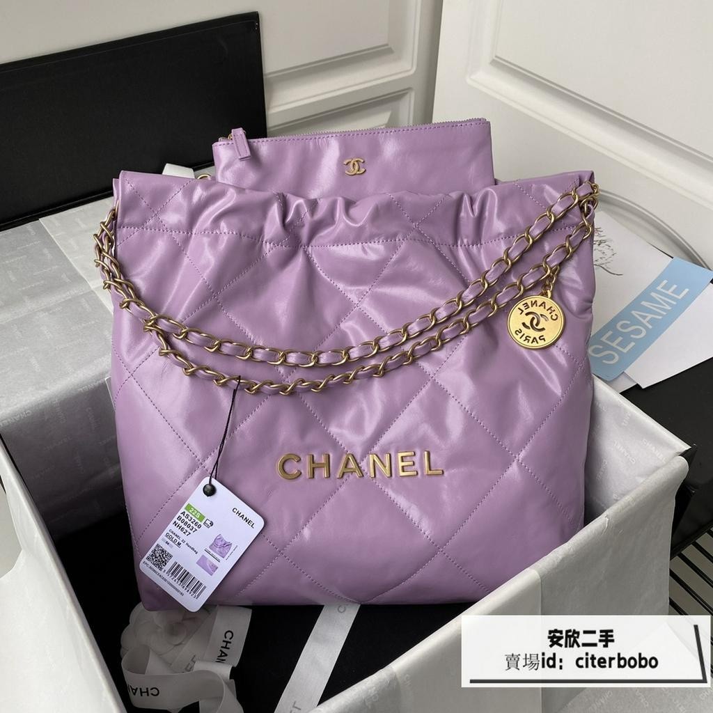 精品二手 CHANEL 香奈兒 22S bag 紫色/粉色 金扣小牛皮 肩背包 垃圾袋 手提袋 購物袋 AS3260