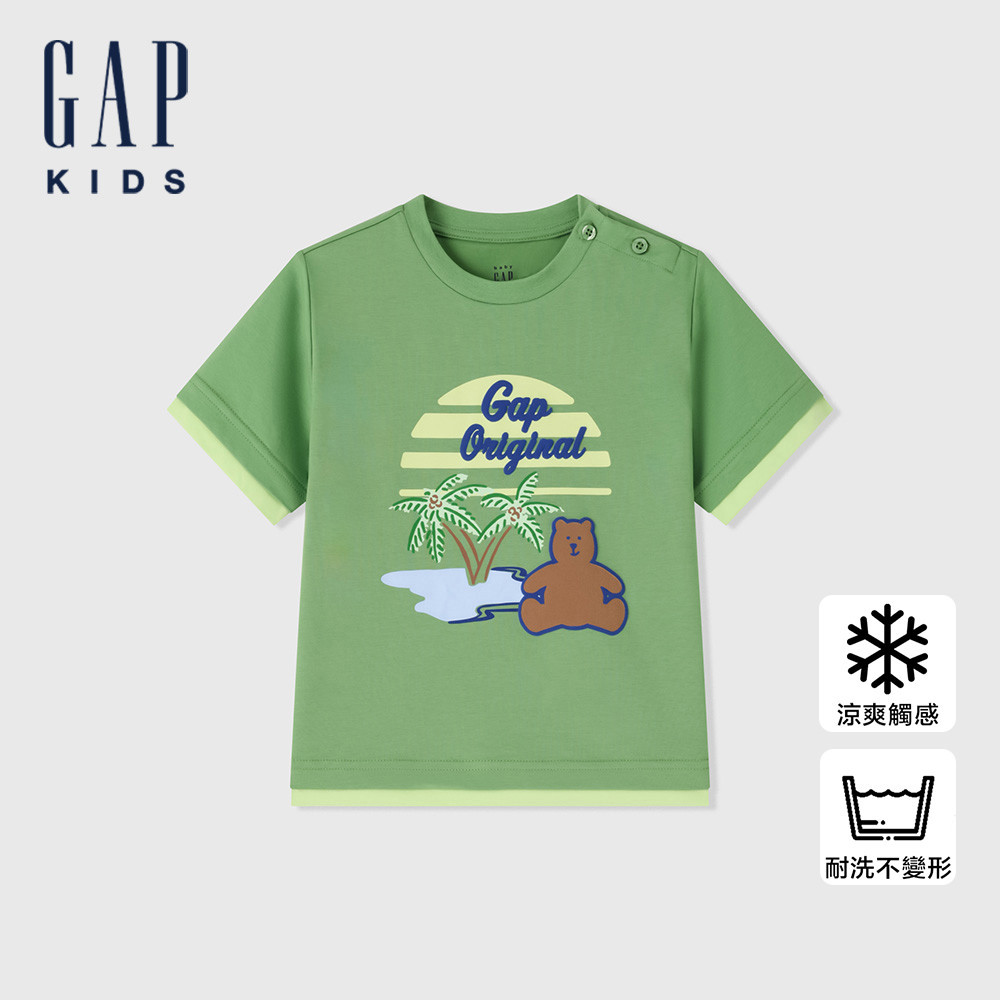 Gap 男幼童裝 Logo小熊印花圓領短袖T恤-綠色(465336)