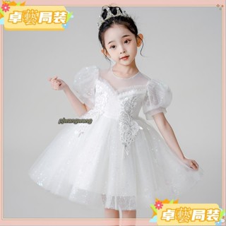 【台灣熱銷】花童公主裙,高貴優雅洋裝 白色香檳色舞會服裝,泡泡袖蕾絲短裙 歲女孩MY6
