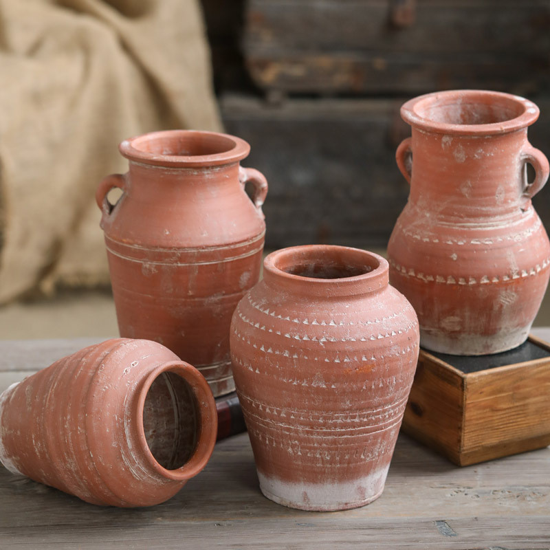 ▼JVW復古紅陶花瓶擺件手工制作雕刻陶瓷花器客廳復古鄉村粗陶土陶罐子
