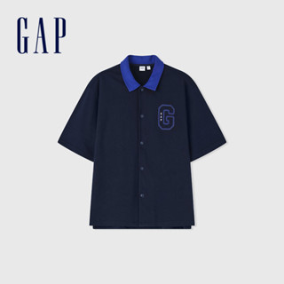 Gap 男裝 Logo翻領短袖POLO衫 碳素軟磨法式圈織系列-海軍藍(466818)
