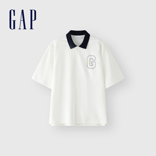 Gap 男裝 Logo翻領短袖POLO衫 碳素軟磨法式圈織系列-白色(466818)