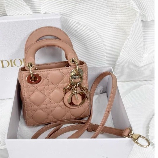 凱莉二手 正品 Dior 迪奧 微型 LADY DIOR 手袋 奶茶色三格戴妃包 鏈條包 手提包 單肩包 斜背包