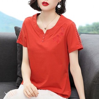 純棉 新款短袖T恤女夏季寬鬆百搭刺繡洋氣媽媽裝大碼T恤小衫媽媽裝 夏裝T恤短袖 寬鬆大尺碼 短袖T恤女 夏季女裝上衣
