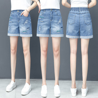破洞牛仔短褲女寬鬆夏季薄款2024年新款潮高腰顯瘦a字闊腿五分褲寬鬆五分短褲 透氣女褲 大尺碼