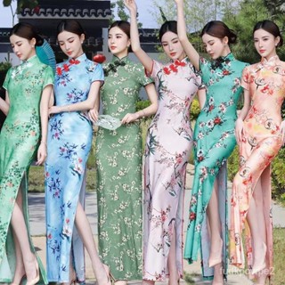 🌟臺灣發貨 夏 彈力 旂袍改良 修身旂袍裙 日常可穿 素雅冰絲 長款 高開叉連衣裙 旂袍洋裝 走秀錶演 主持 拍照