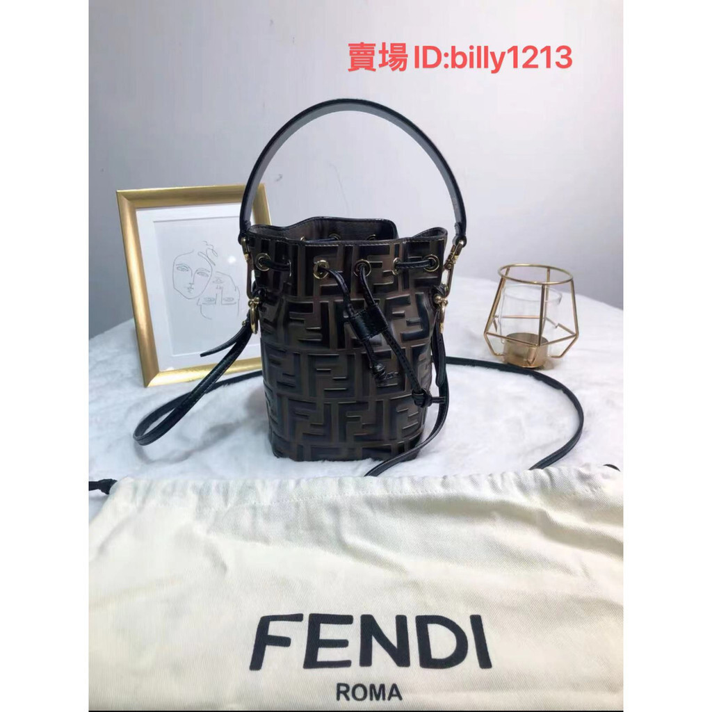 二手精品 FENDI 芬迪 MON TRESOR 老花壓紋 棕色迷你 抽繩水桶包 手提包 單肩包 斜挎包