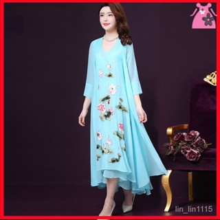🔥媽媽兩件套連衣裙 中老年女洋裝 婆婆連身裙 奶奶裝 太太裝長袖開衫+背心裙 修身顯瘦氣質裙中國風刺繡連衣裙女2024