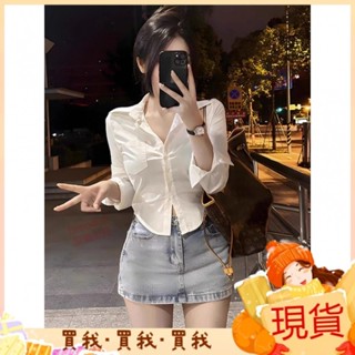 新款白色雪紡襯衫 女新款 秋季外穿 襯衣設計感 小眾修身 短款法式掐腰 上衣