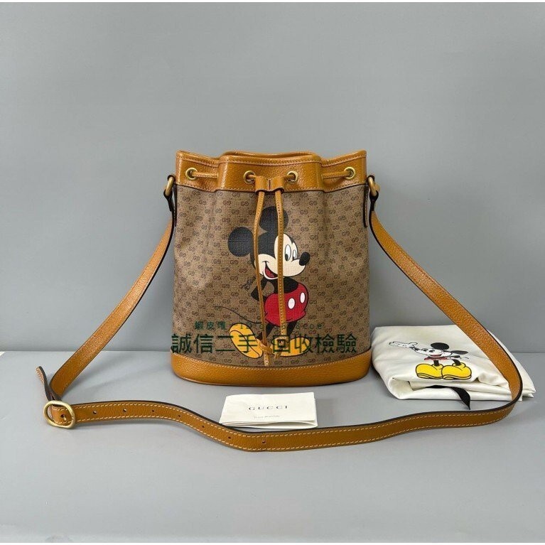 二手 Disney x Gucci 雙G 紋皮革 米奇老鼠系列 新款 女士 百搭 女包 斜背包 水桶包 602691