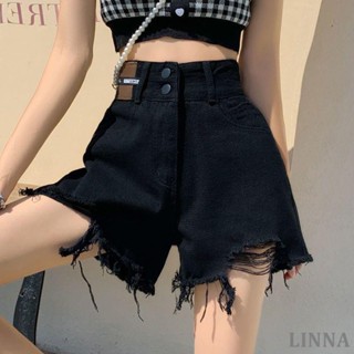 LINNA短褲 大碼胖MM黑色破洞牛仔短褲女夏季ins潮休閑毛邊熱褲高腰a字闊腿褲