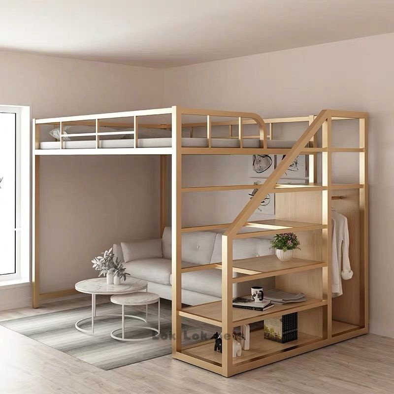 公寓小戶型複式二樓床上鋪多功能鐵藝床高低床組裝床省空間高架床