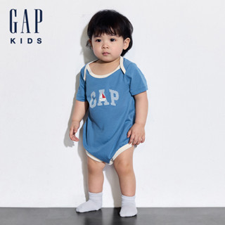 Gap 嬰兒裝 Logo純棉印花圓領短袖包屁衣-藍色(505556)