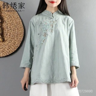 🌟全場免運 中國風上衣 複古改良漢服純棉上衣女 春裝寬鬆文藝襯衫 中式上衣 盤扣 禪意茶服 漢服上衣 漢服 FBR3