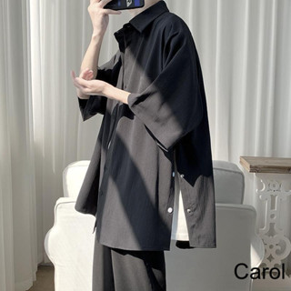 Carol✨七分短袖襯衫男夏季男裝冰絲襯衣休閒日係寬鬆ins潮半袖上衣01