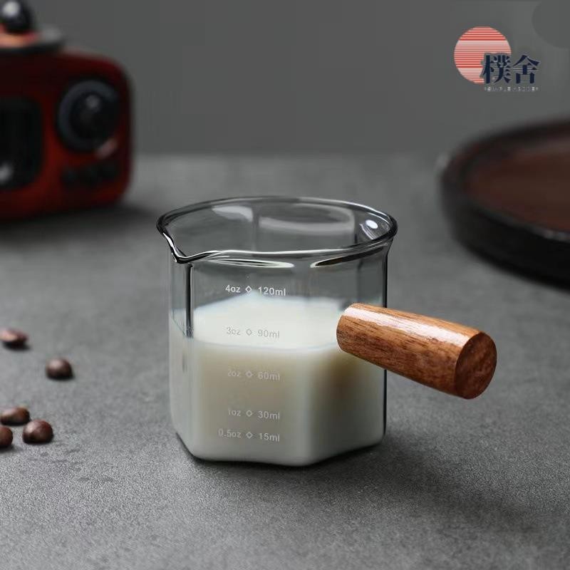 【樸舍】⭐️ 咖啡杯玻璃帶刻度意式濃縮咖啡萃取量杯木柄奶盅奶罐盎司杯