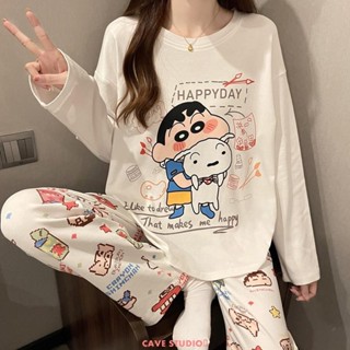 新款熱賣❤ 蠟筆小新睡衣女春秋長袖學生卡通寬松新款清新可愛居家服套裝