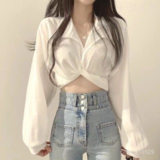【FROCK】大碼長袖襯衣新款後背係帶蝴蝶結襯衫上衣 薄款外套 內搭襯衫 外穿襯衫 防曬衫 性感上衣 短款襯衣 長袖襯衫