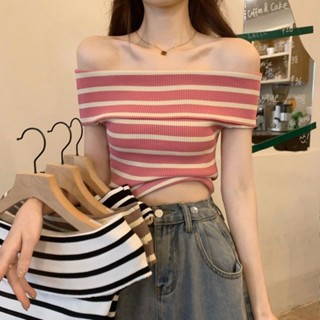 甜心公主Meet 👗女裝館 粉色條紋針織衫上衣女新款辣妹復古夏季修身輕熟通勤一字肩露短袖
