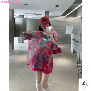 「森瑤🕸️價格超甜」韓國女裝韓國上衣夏天新款 薄款冰絲 防曬 罩衫 大尺碼女裝 辣妹 性感 鏤空透視 上衣 粉色 扎染
