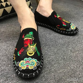 豆豆鞋男精神社會大哥刺繡花老北京布鞋網紅社會休閑西山手工布鞋懶人一腳蹬豆豆鞋男潮