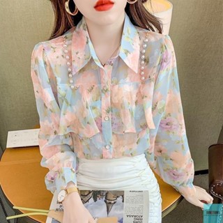 BINGTANG服飾 襯衫 襯衣 短款襯衫 新中式襯衫 春季新款珍珠鏈條拚接荷葉邊法式氣質襯衫女寬鬆泡泡長袖上衣