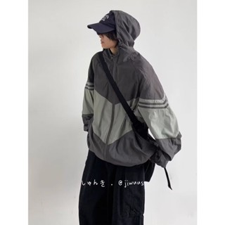 日韓小外套夏季日系復古廓形夾克男款學生寬松拼色戶外防曬衣服工裝外套潮流連帽外套冰絲速幹釣魚服抗uv涼感外套