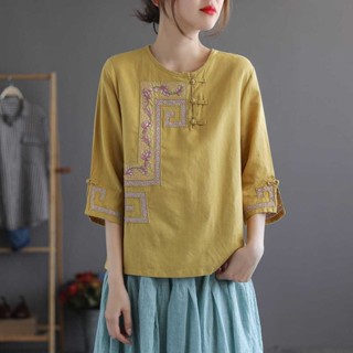 復古麻棉民族風盤扣五分袖t恤女24夏季新款重工藝刺繡顯瘦上衣 大尺碼短袖 棉麻短袖 復古上衣 中國風上衣 短袖T恤 顯瘦