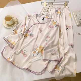 夏季睡衣女 居家服 特大碼中國風睡衣女夏季薄款國風中式七分袖套裝高級感家居服外穿 涼感睡衣 長袖睡衣套裝女 女生家居服
