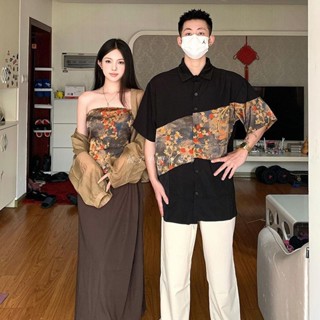 🔥臺灣出貨 國風新中式情侶裝 中國風套裝 中國風洋裝 中式套裝 情侶衣 情侶裝套裝 夏季短袖襯衫改良復古連衣裙女三件套