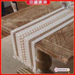 【日盛家居】棉麻條紋拼接雙色編織流蘇桌旗 長桌布 棉麻桌布 方形桌旗 桌墊 桌巾 茶几布 北歐桌旗 簡約風桌旗 條紋桌布